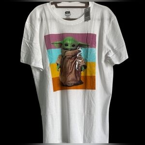 Disney Star Wars White Tee with Grogu and Colorful Stripes Sz XL